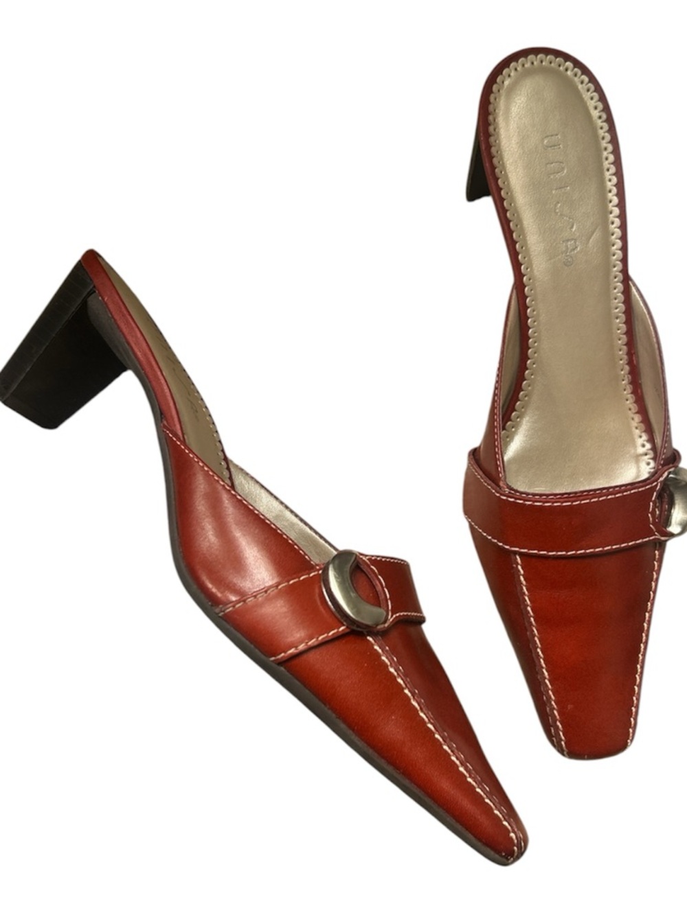 Unisa Red Leather Pointed Toe Mules with Silver Buckle Size 7